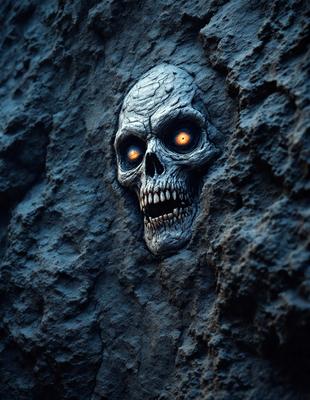 The primary subject of the image is a skull carved into a rock wall. The skull has glowing eyes, giving it a creepy and mysterious appearance. The setting is a rocky surface, with the skull sticking out of the wall, creating a striking visual effect. The visual style of the image is a combination of photo and digital art, as it appears to be a real skull carved into the rock, but the glowing eyes and overall presentation give it a digital art or illustration-like quality. The colors and mood of the image are predominantly dark and eerie, with the glowing eyes adding a touch of unnatural light to the scene.